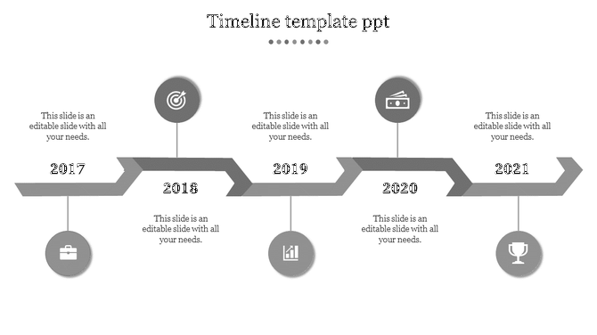 Grayscale zigzag timeline with circular icons, bold black text, and milestone markers extending from 2017 to 2021.