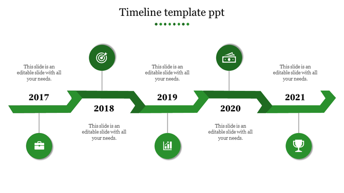 Timeline PowerPoint template with five key years 2017 to 2021, each with a green icon representing milestones.