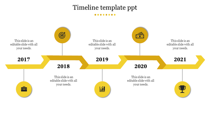 Timeline PowerPoint template with five key years 2017 to 2021, each with a yellow icon representing milestones.