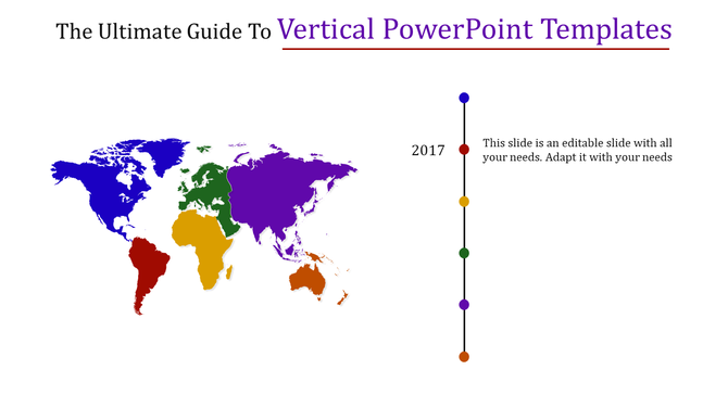 Slide showing a global map and a vertical timeline with colorful dots representing different years.
