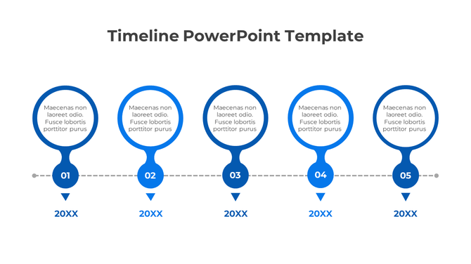 Horizontal timeline template with five blue markers labeled 01 to 05 and placeholders text areas for 20XX years.