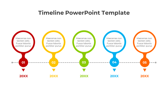 Colorful timeline template with five milestones, each represented by a circular icon in red, orange, yellow, green, and blue.