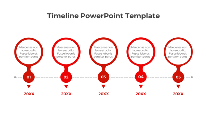 Horizontal timeline design with red circles, numbered 01 to 05, connected by a dashed line and triangular arrows.