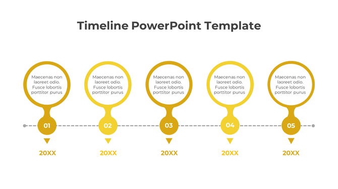 Horizontal timeline template with five golden markers labeled 01 to 05 and placeholders for 20XX years.