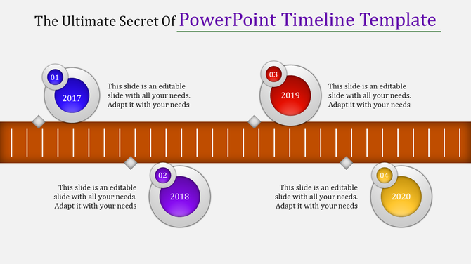 PowerPoint timeline template with milestones for 2017 to 2020, each marked by a colorful circle and captions.