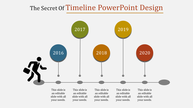Horizontal timeline with colored circles for years 2016 to 2020 and a figure walking with a briefcase on a white background.