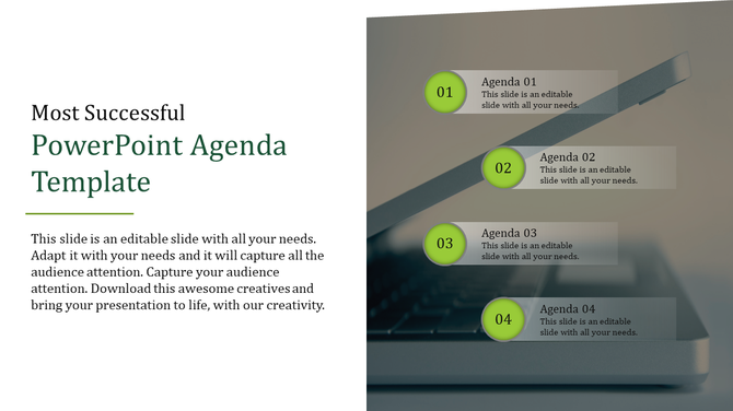 Modern agenda slide featuring four green agenda points with descriptions over a laptop image.