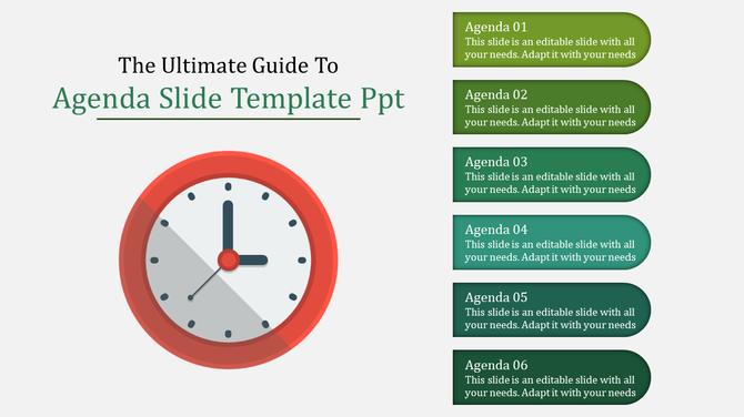 Agenda PowerPoint template featuring a clock icon and six steps with captions.