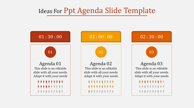 PPT agenda slide with three sections, each labeled with a time and agenda number with placeholder text.