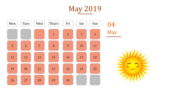 May 2019 calendar template with days marked in orange, highlighting May 4th with a sun icon.