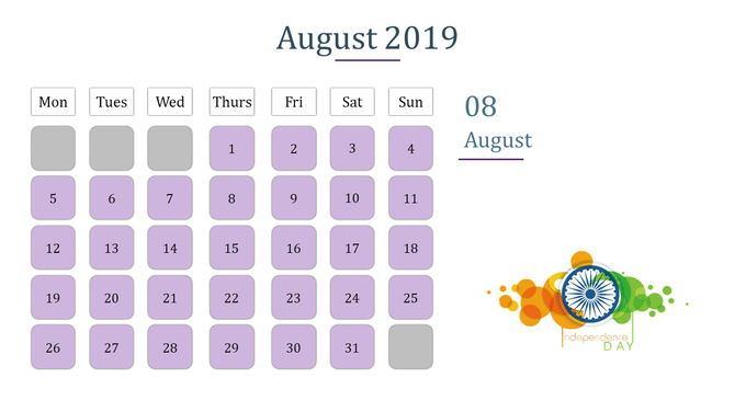 August 2019 calendar with a prominent 08 August date and an illustration of the Ashoka Chakra with colorful tricolor accents.