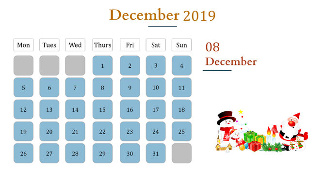 December 2019 calendar with light blue dates and Christmas themed illustrations featuring Santa and snowmen.