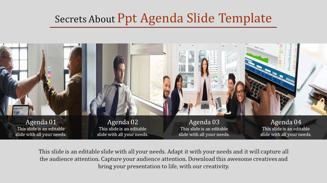 Four agenda sections with diverse team photos in a grid layout, labeled 01 to 04, with dark text boxes.