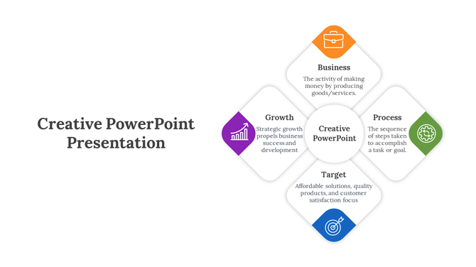 Creative infographic with four colored diamonds in orange, green, blue, and purple, surrounding a central circle.