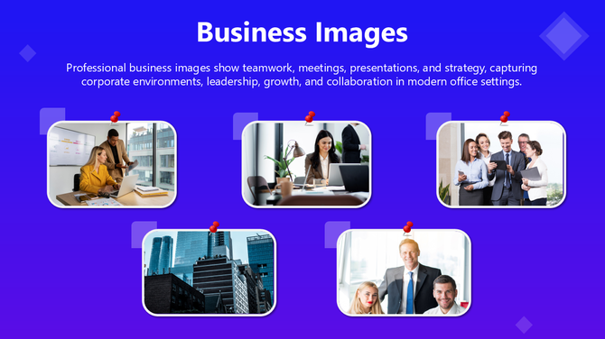 Images For PPT Slides featuring teamwork, office scenes, laptops, and professionals pinned on a vibrant blue background.