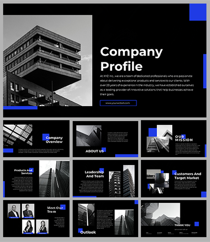 Corporate slide deck with monochrome visuals and blue highlights, covering company mission, services, and outlook.
