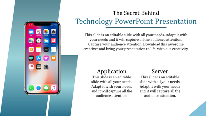 A phone image on the left against a blue gradient background with text blocks and headings on the right.