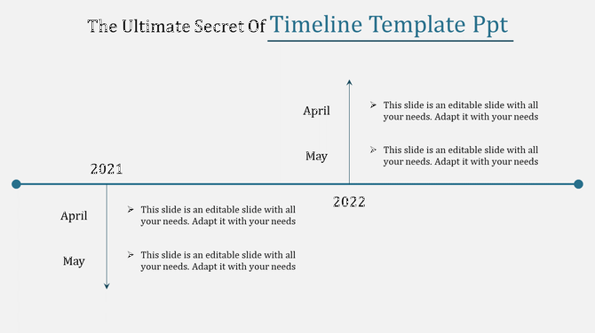 Timeline PPT template with entries for April and May 2021 and 2022 with placeholder text.