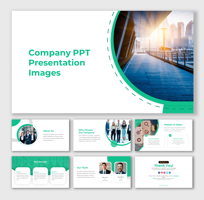 Corporate themed slide deck with green and white tones, featuring professional photos, services, and content sections.