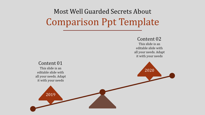 Comparison template with a seesaw graphic, brown triangular labels for 2019 and 2020, on a light gray background.