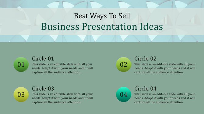 Business presentation slide with numbered circles for presenting key ideas, set against a calming geometric background.