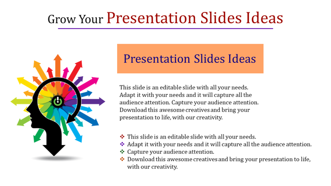 Presentation slide ideas template featuring a colorful brain with arrows pointing outward, symbolizing creativity with text.