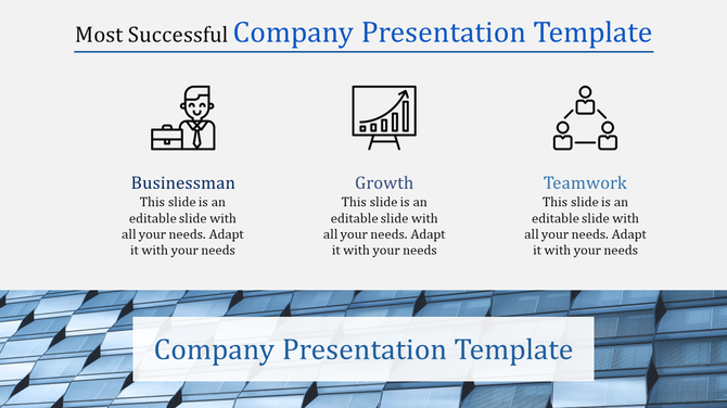 Corporate themed layout showcasing three black icons and captions, on a modern blue grid background.