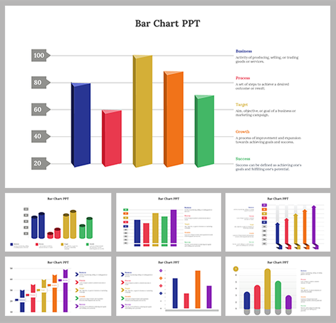 Bar chart PowerPoint slides showcasing different business categories with colorful bars in different layout designs.
