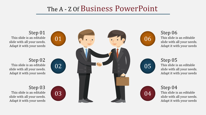 Slide design with cartoon businessmen shaking hands and six process steps represented in colorful circular icons.