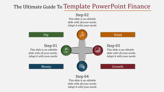 Business finance PPT template with labeled steps Pay, Money, Hand, and Growth, illustrating key concepts in a circular flow.