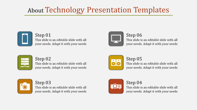 Organized six step infographic showcasing technology related icons in blue, green, orange, gray, yellow, and red tones.