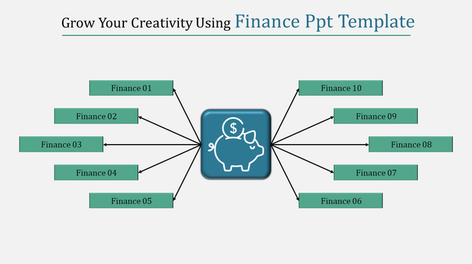 Central piggy bank icon connected to ten green blocks on both sides via arrows, illustrating financial flow.