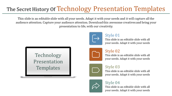 Technology presentation slide featuring a laptop display and four styles with placeholder text and icons.