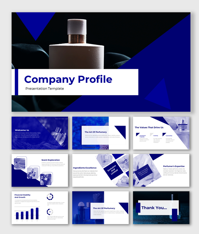 Slides with blue and white theme featuring company profile elements like product displays, graphs, and value propositions.