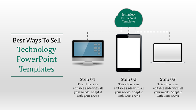 Technology PowerPoint template showing three devices with arrows pointing to a central title with placeholder text.