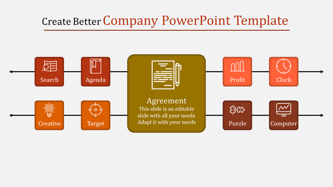 Horizontal company infographic with a central agreement box linked to surrounding icons representing creative and profit.