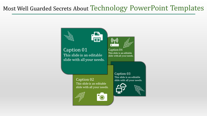 Technology PowerPoint template featuring sections with icons for cloud, router, camera, and printer with captions.