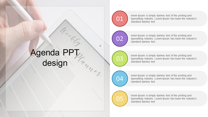 Agenda slide with a hand holding a stylus over a weekly planner and five colorful numbered sections on the right.