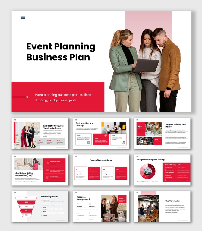 Event Planning Business Plan PPT covering strategy, target audience, services, pricing, resources, and execution plan.