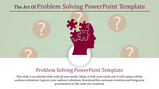 Silhouette of a head with puzzle pieces for problem solving, surrounded by question marks on a light green background.