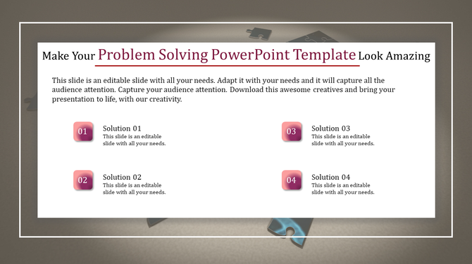Four numbered solution boxes for problem solving with gradient designs arranged in two rows on a white background.