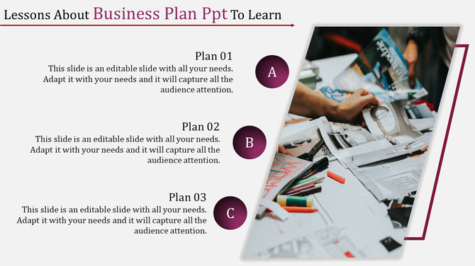 Three business plans listed with circular labels next to an image of hands browsing magazines on a cluttered desk.