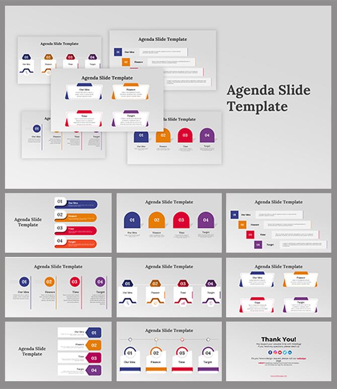 Agenda slide deck designs in different layouts, showcasing colorful icons, numbered steps, and text sections.