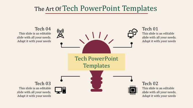 Tech PPT slide featuring a central light bulb with icons representing technology with placeholder text.