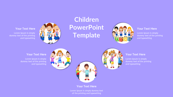 A slide with a children theme, featuring circular images of kids and space for caption areas on a purple background.