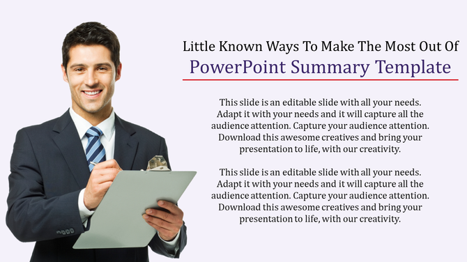 Summary slide featuring a man in a suit writing on a clipboard, with placeholders for two captions areas and a title.