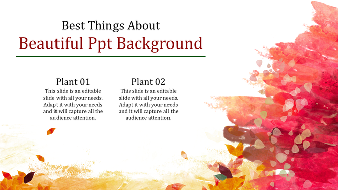 Background of blended red and yellow watercolor splashes with falling leaves and two text placeholders in the center.