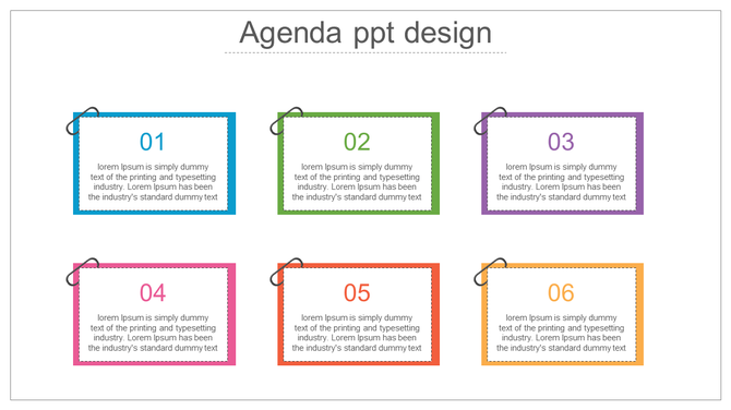 Agenda template with six numbered items, each with a placeholder text areas, presented in colored boxes with paper clips.