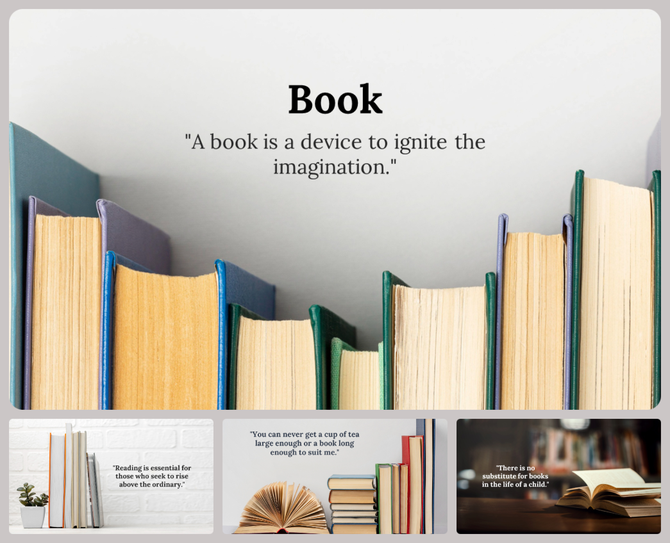 Book themed slides with a row of books standing upright and three smaller sections displaying open books and reading quotes.