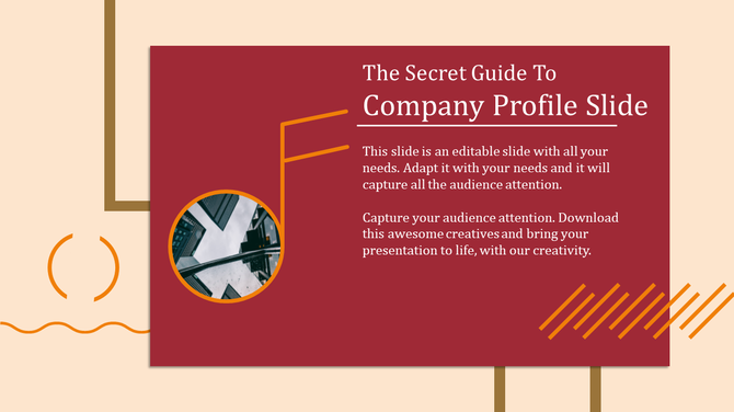 Company profile slide with a circular image of a building and a modern design, featuring a creative and vibrant layout.
